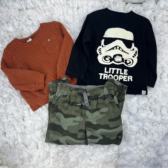 Boys Clothing Bundle Star Wars “Little Trooper” Tee, Rust Sweatshirt Camo Shorts - Picture 1 of 17